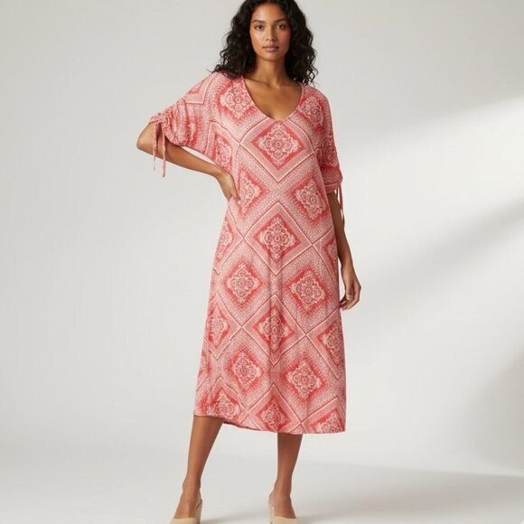 Cato Dresses & Skirts - CATO Knit A-Line Dress Slit Sleeve Red White Bandana Print Women's 14-16W